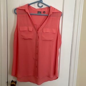 Coral button front sleeveless blouse with collar